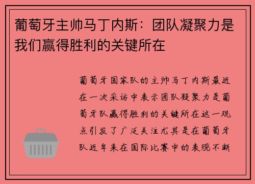 葡萄牙主帅马丁内斯：团队凝聚力是我们赢得胜利的关键所在
