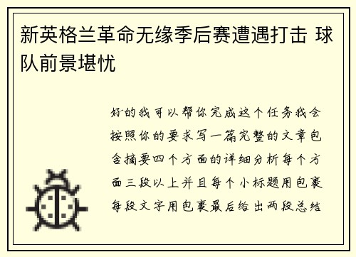 新英格兰革命无缘季后赛遭遇打击 球队前景堪忧